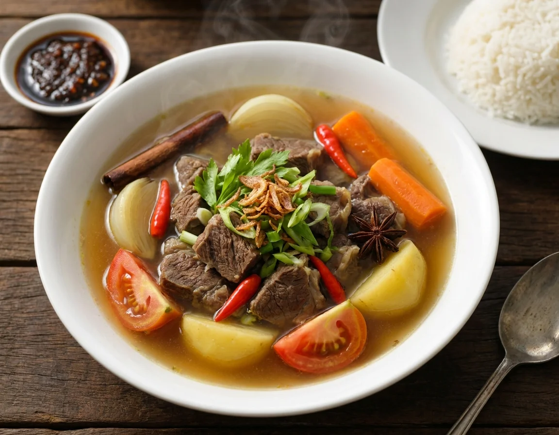Semangkuk sup daging berempah berkuah keperangan dengan ketulan daging, kentang dan lobak merah, ditabur daun sup dan bawang goreng