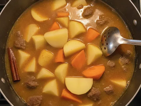 Baji kentang dan lobak merah dimasukkan ke dalam periuk sup daging yang sedang mendidih