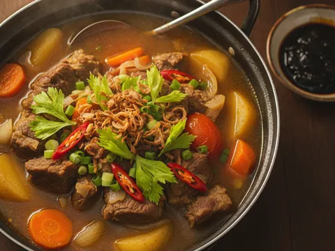 Sup daging siap dalam periuk ditabur daun sup, daun bawang dan bawang goreng, dengan bawang besar dan tomato di permukaan kuah
