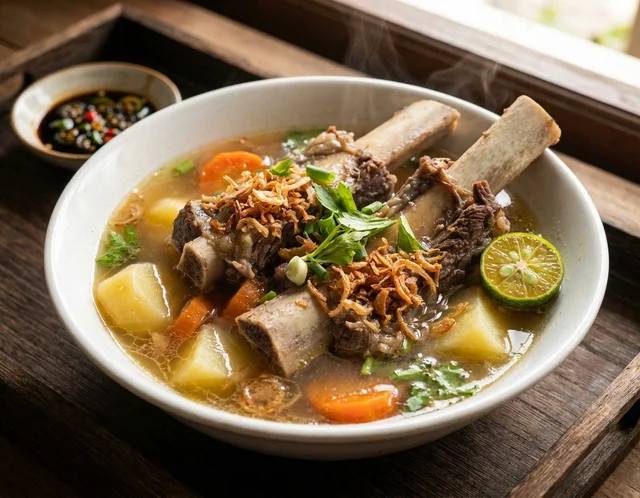 Sup Tulang lembu berperisa dengan kuah jernih pekat dan garnish bawang goreng melimpah