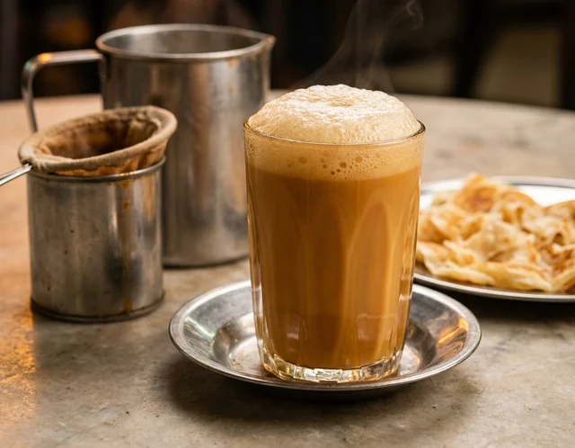 Segelas teh tarik panas berbuih halus di permukaan, warna karamel keemasan, di atas meja kedai mamak