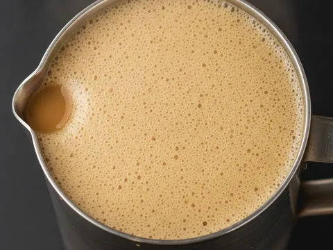 Jag berisi teh tarik dengan lapisan buih halus tebal di permukaan selepas ditarik