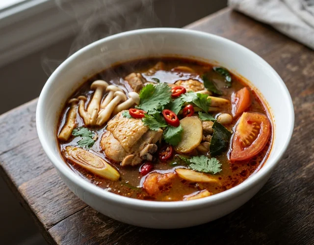 Tom Yam Ayam Malaysia — kuah merah jernih wangi dengan serai, cendawan, tomato dan daun ketumbar