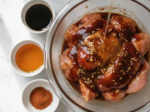 Isi peha ayam diperap dalam mangkuk dengan perapan kicap madu berwarna gelap dan serbuk lima rempah