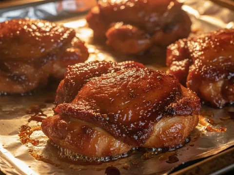 Charsiu ayam madu berkilat dengan tepi karamel gelap sedang dibakar di atas dulang oven