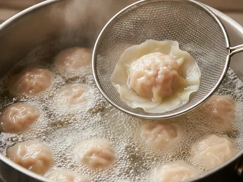 Wantan ayam udang terapung dalam periuk air mendidih dengan kulit jernih menampakkan inti