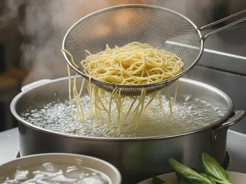 Mee wantan kuning dicelur dalam air mendidih menggunakan penapis dawai, wap panas naik