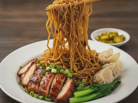 Wantan mee lengkap digaul kicap gelap dengan charsiu ayam, wantan dan sawi disusun di atas pinggan