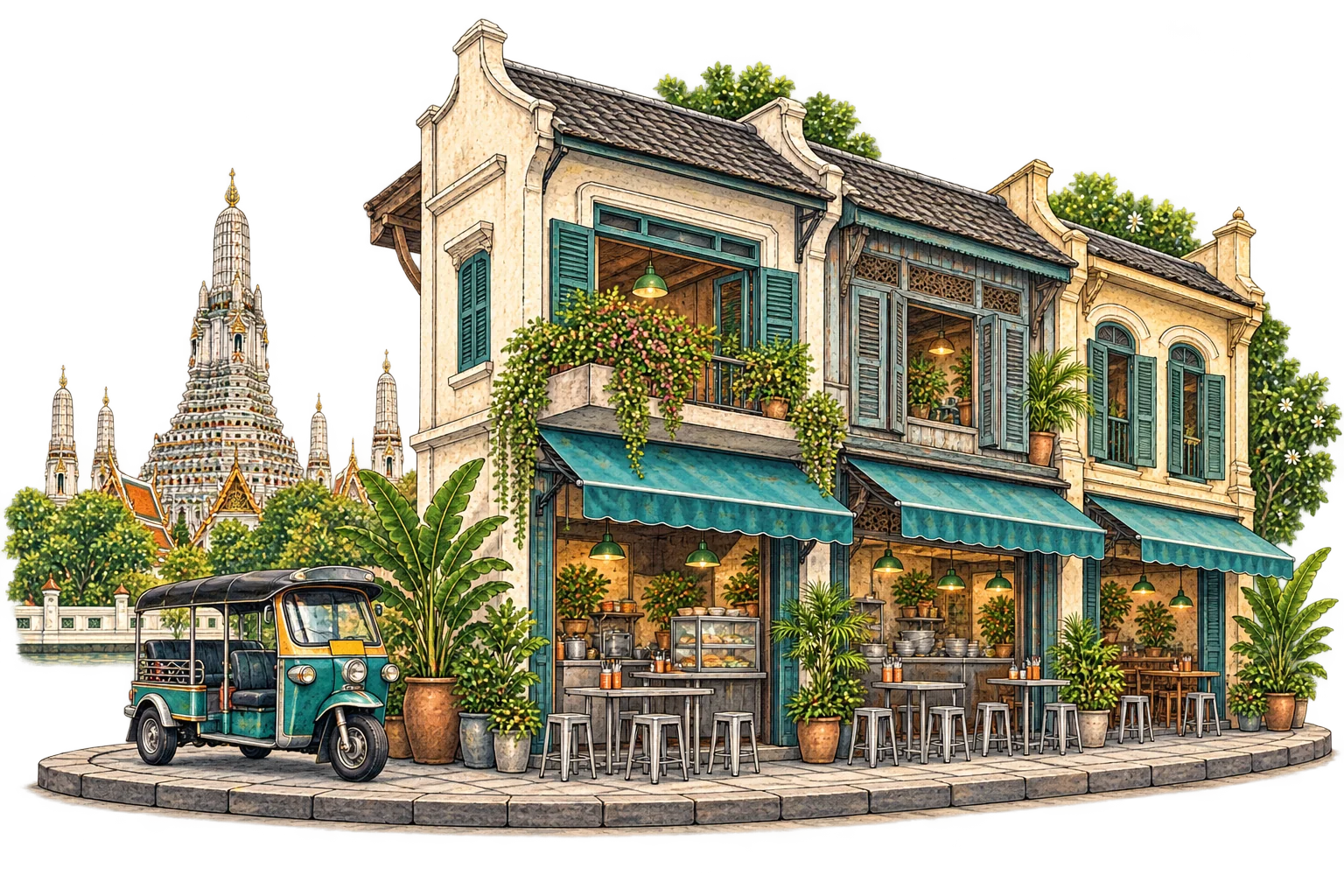 Gambaran berilustrasi kedai dan seni bina Bangkok