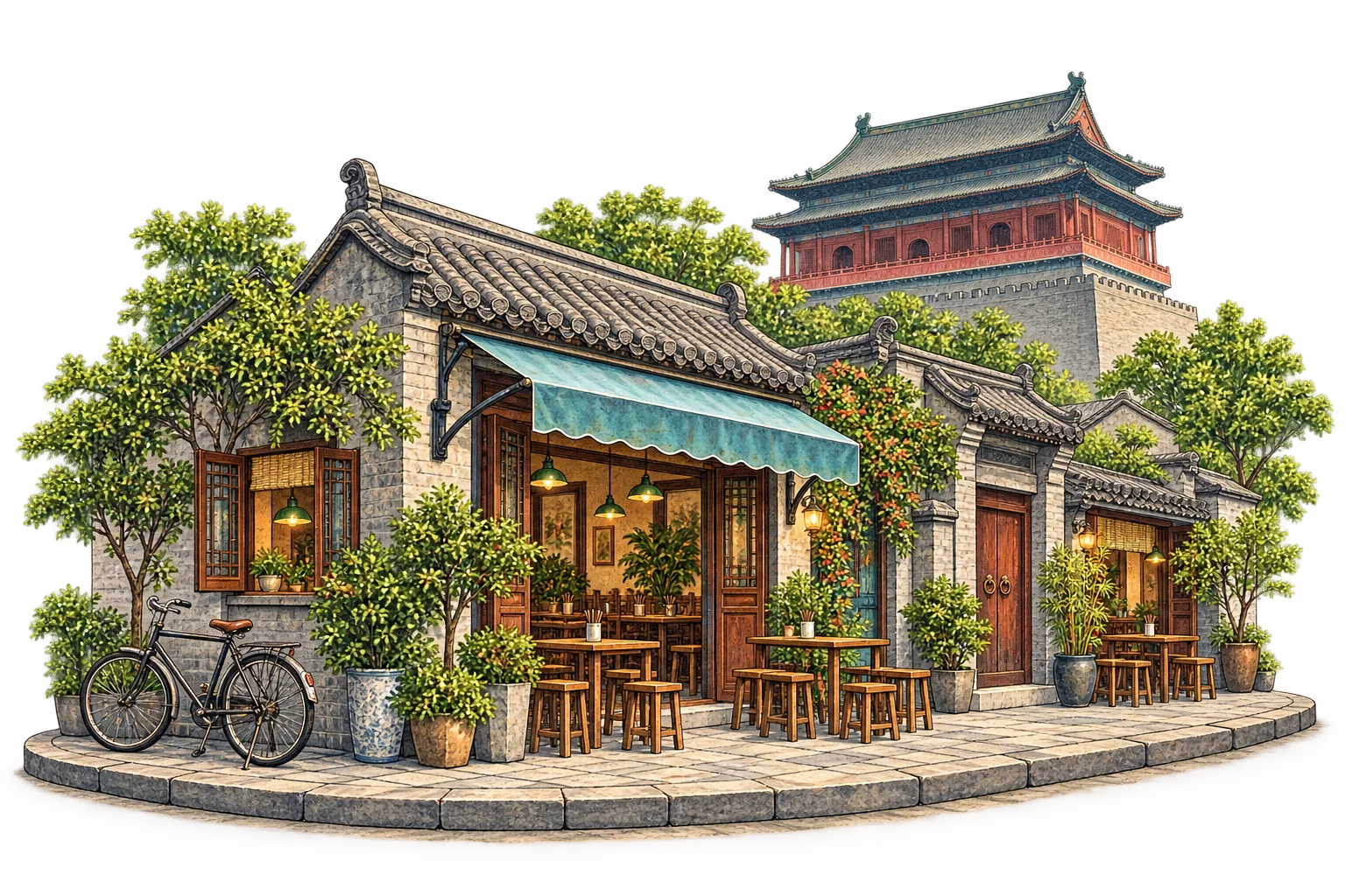 Illustrated shops and architecture in Beijing