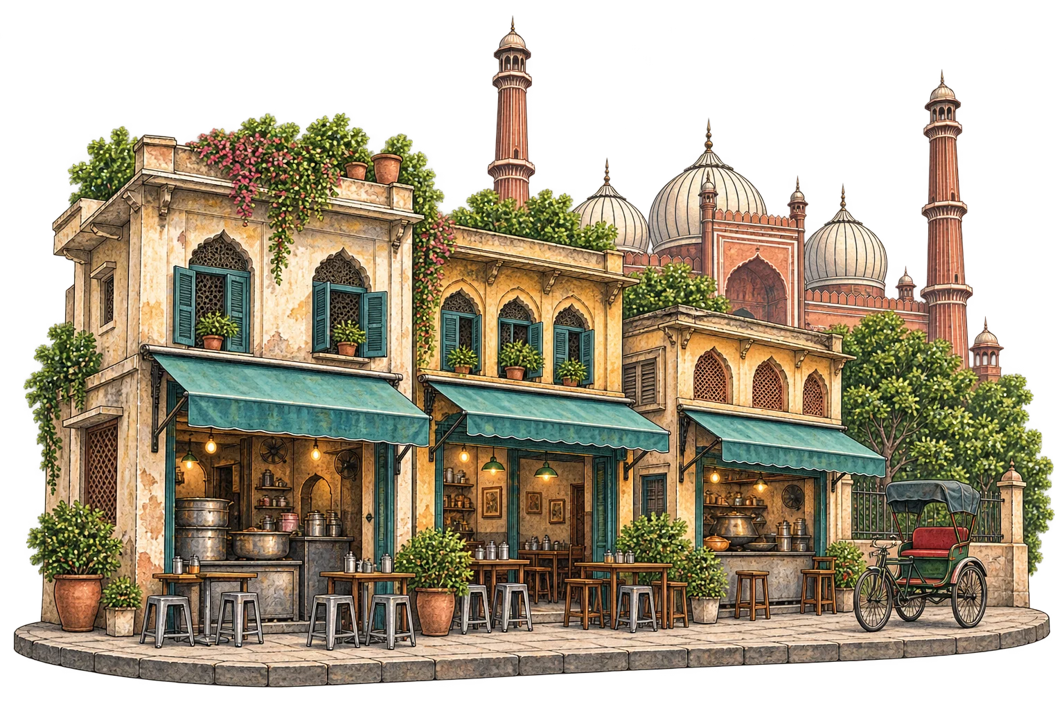 Gambaran berilustrasi kedai dan seni bina Delhi