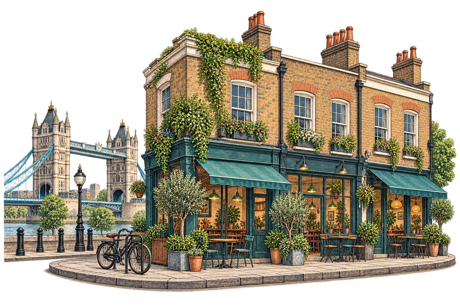 Gambaran berilustrasi kedai dan seni bina London