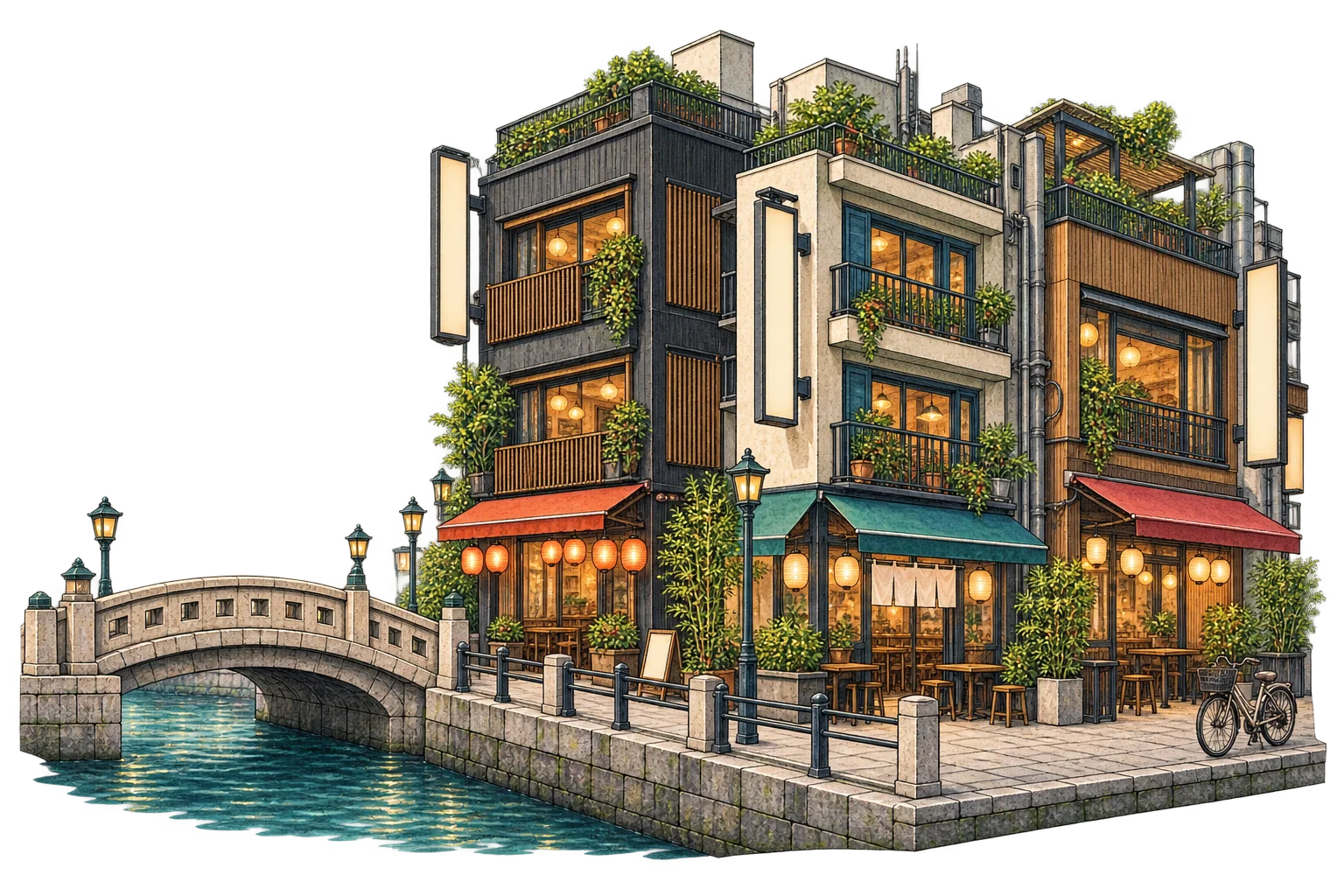Gambaran berilustrasi kedai dan seni bina Osaka