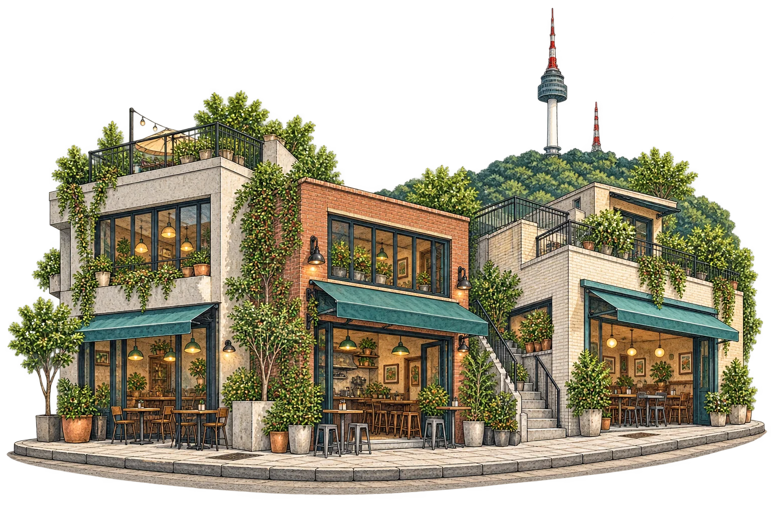 Gambaran berilustrasi kedai dan seni bina Seoul