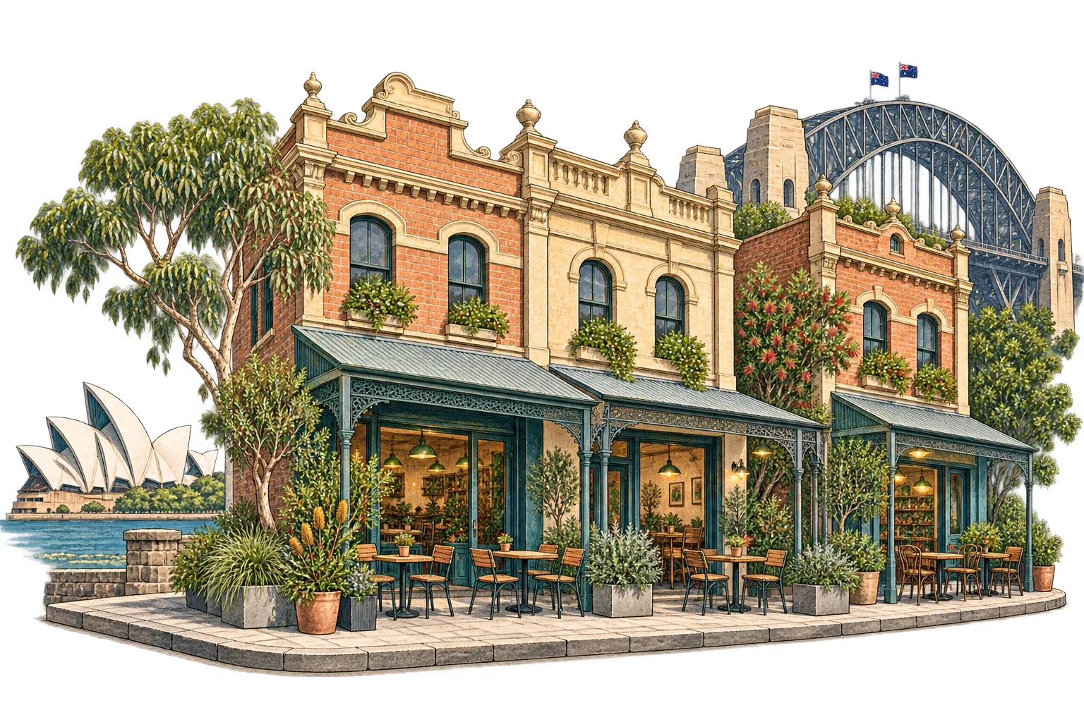 Gambaran berilustrasi kedai dan seni bina Sydney