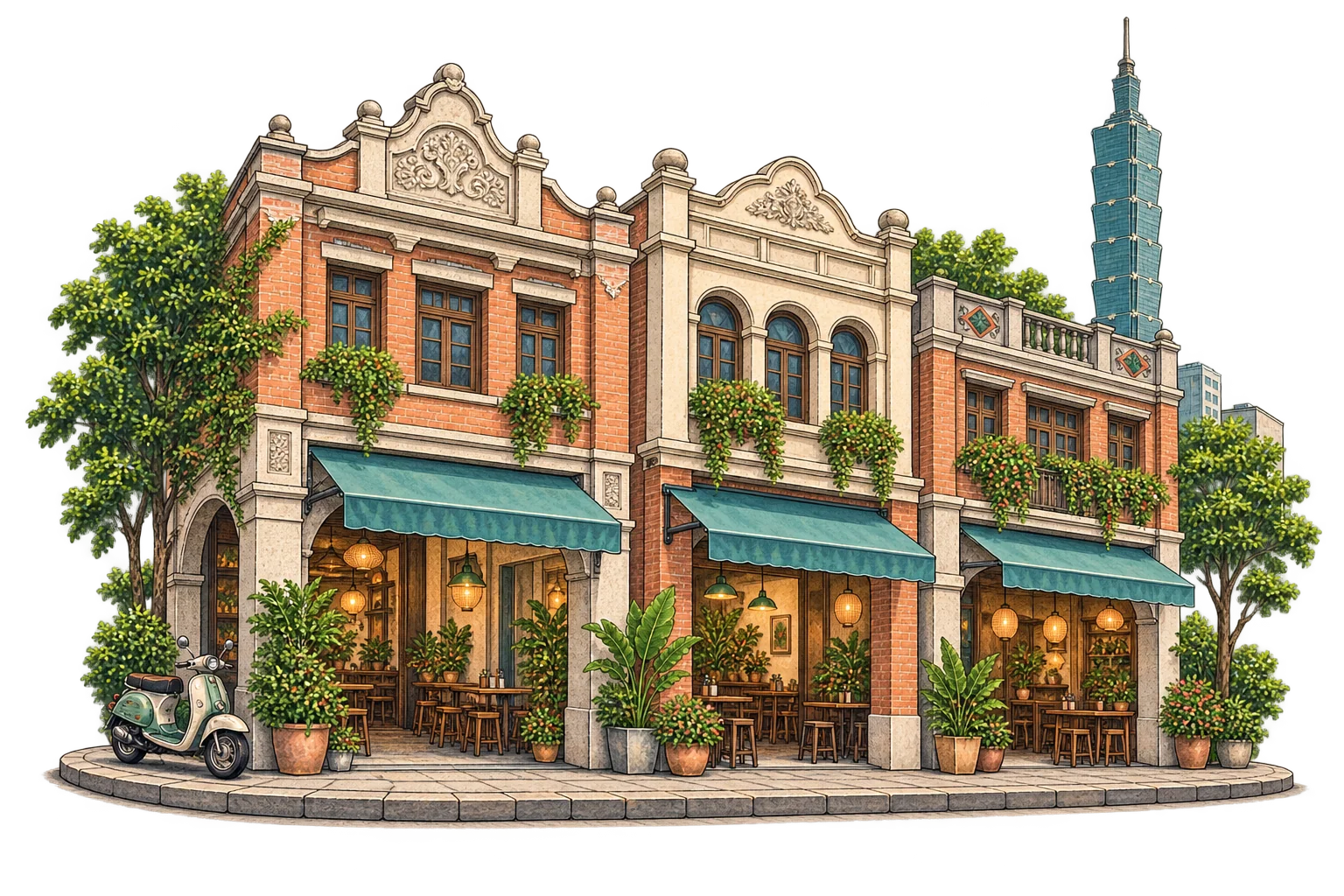 Gambaran berilustrasi kedai dan seni bina Taipei