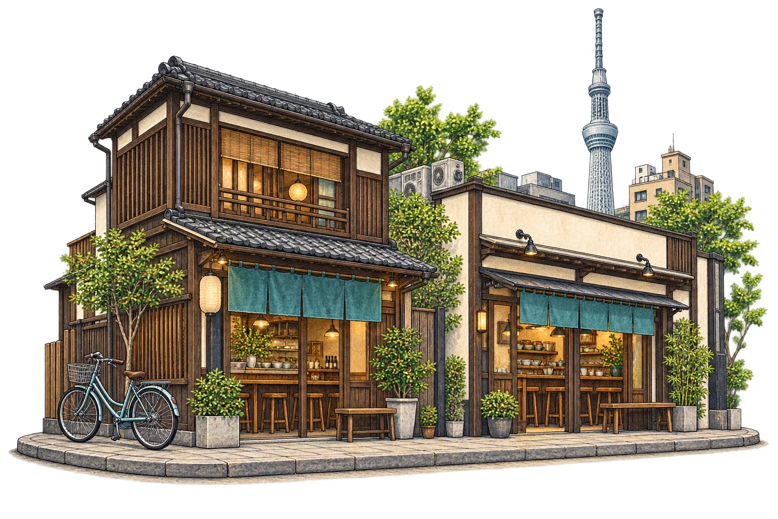 Gambaran berilustrasi kedai dan seni bina Tokyo