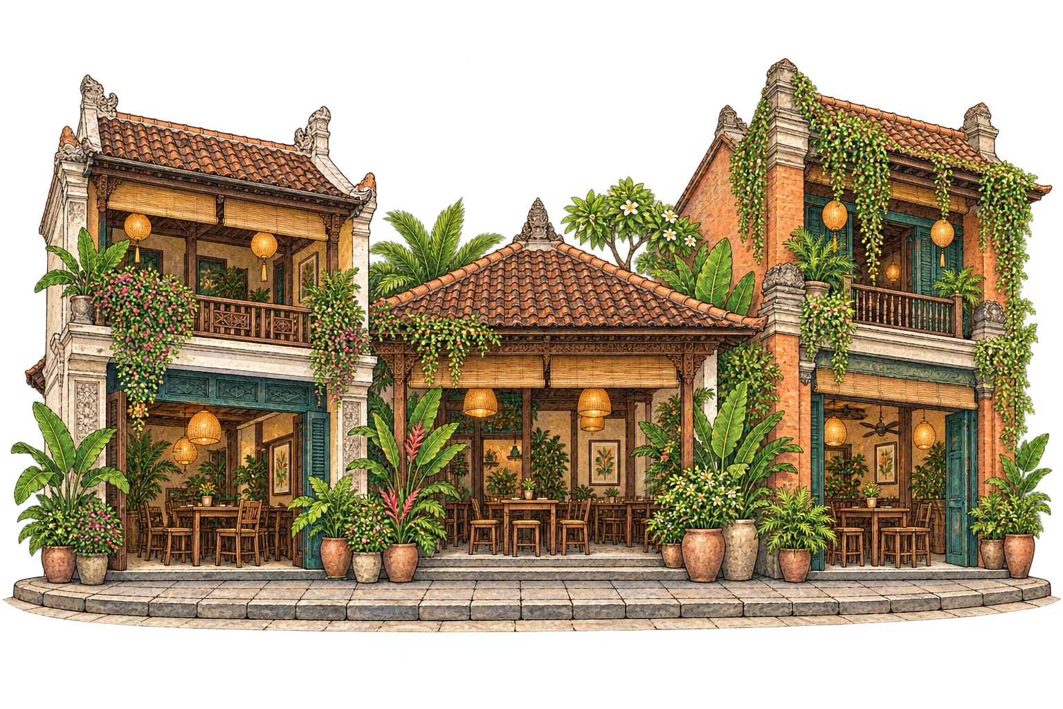 Illustrated shops and architecture in Bali