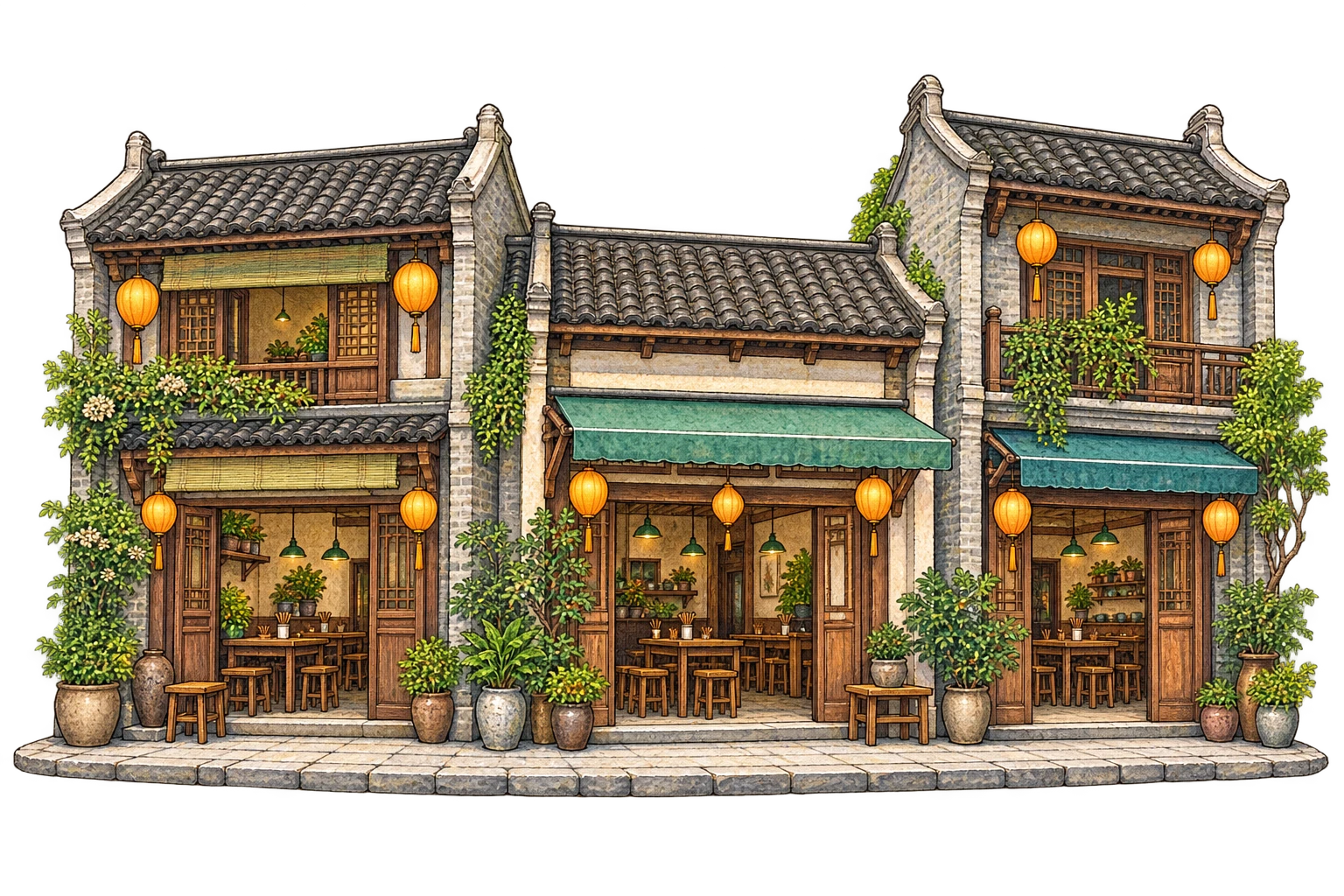 Illustrated shops and architecture in China