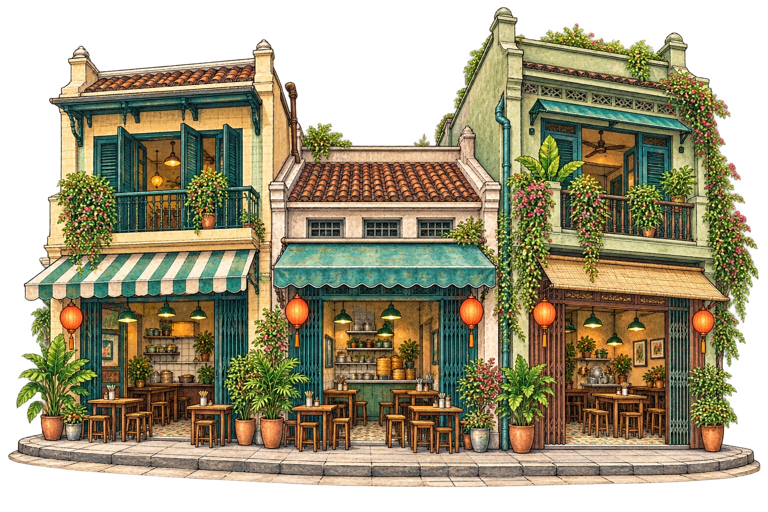 Illustrated shops and architecture in Hong Kong