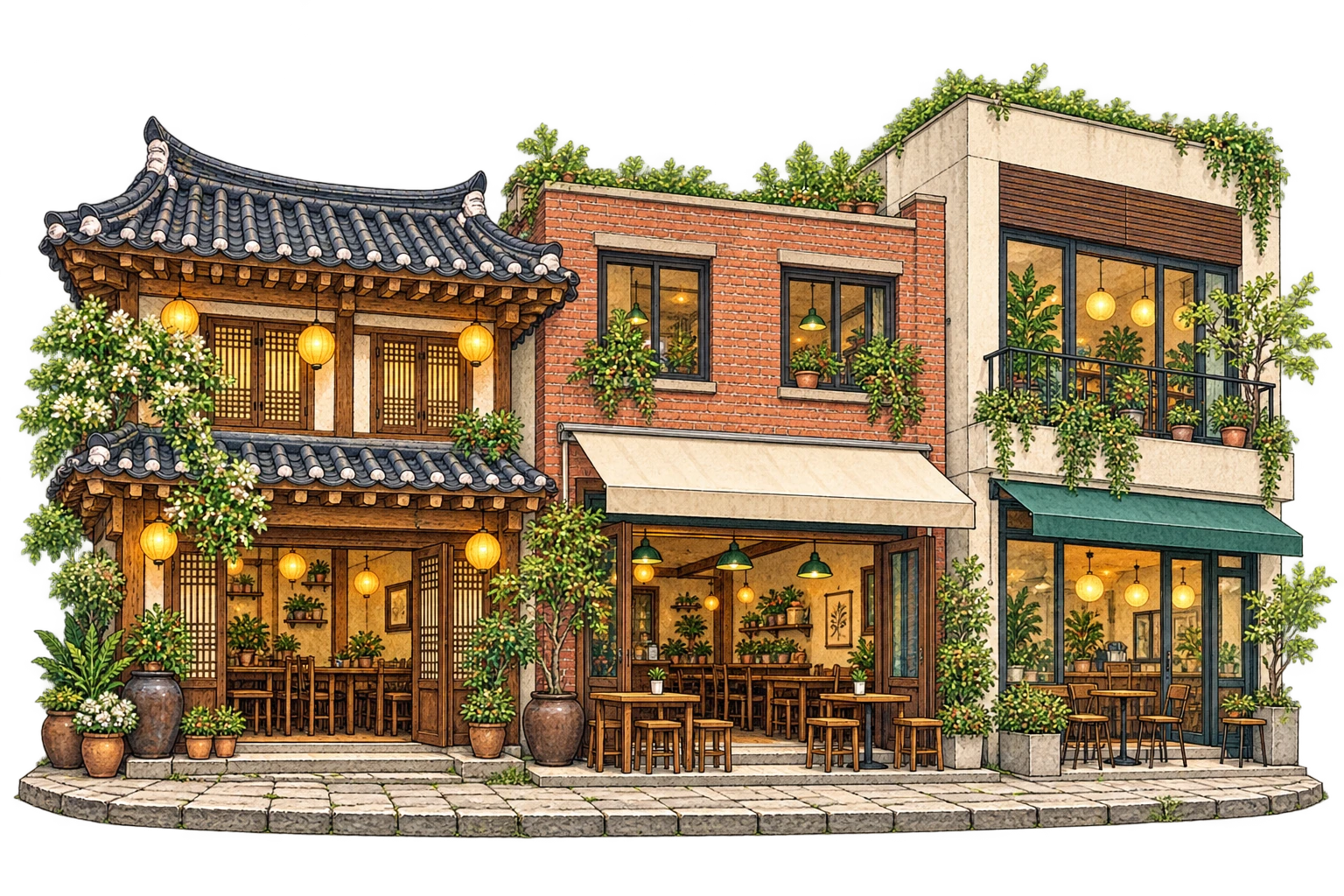 Gambaran berilustrasi kedai dan seni bina Korea