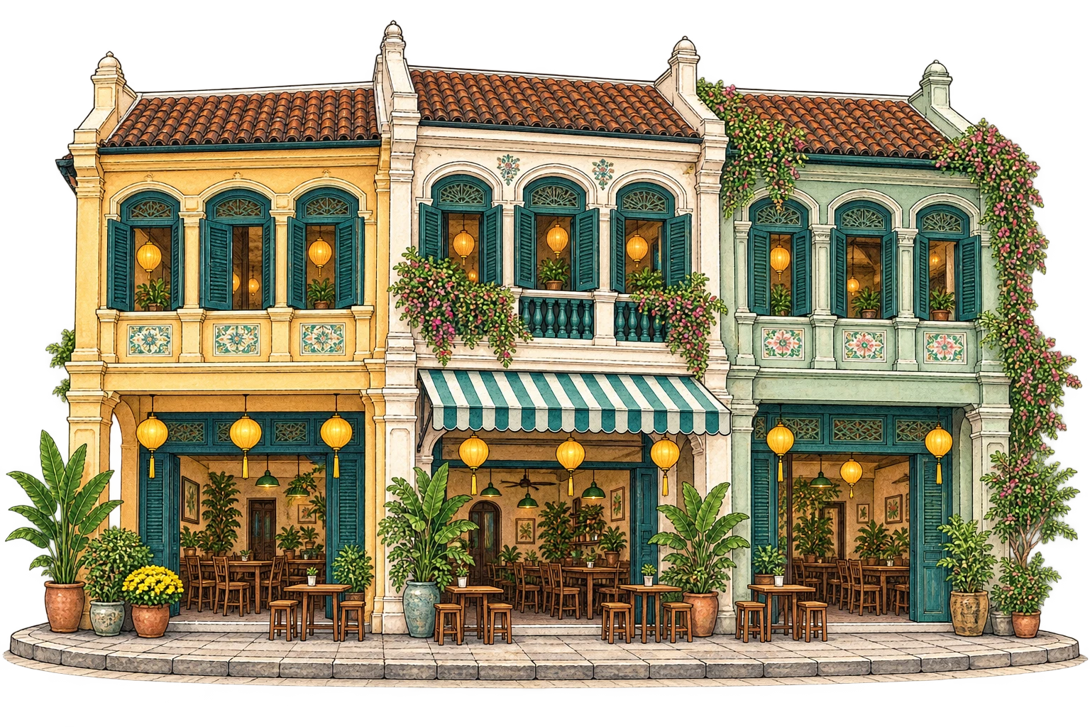 Gambaran berilustrasi kedai dan seni bina Singapura