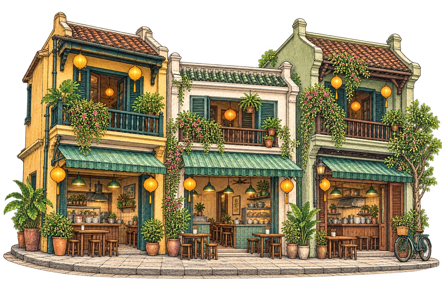 Gambaran berilustrasi kedai dan seni bina Taiwan