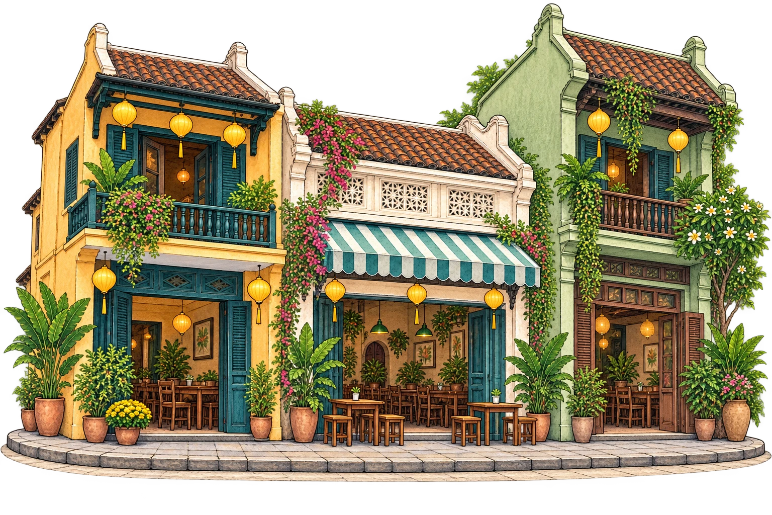 Gambaran berilustrasi kedai dan seni bina Thailand