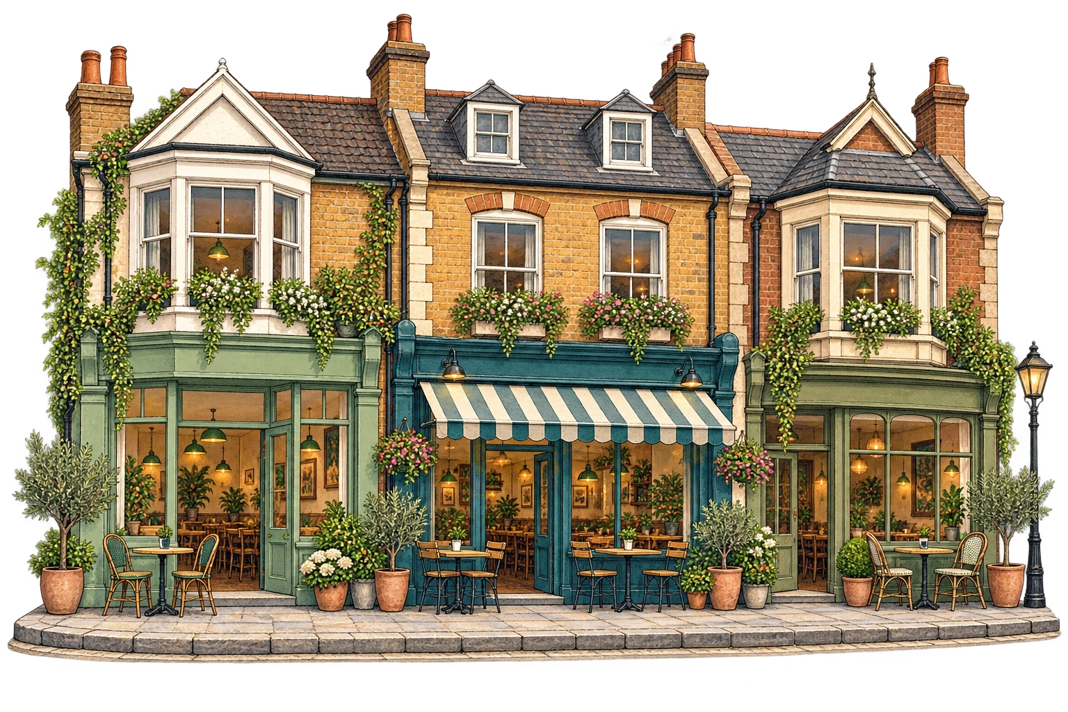 Gambaran berilustrasi kedai dan seni bina UK