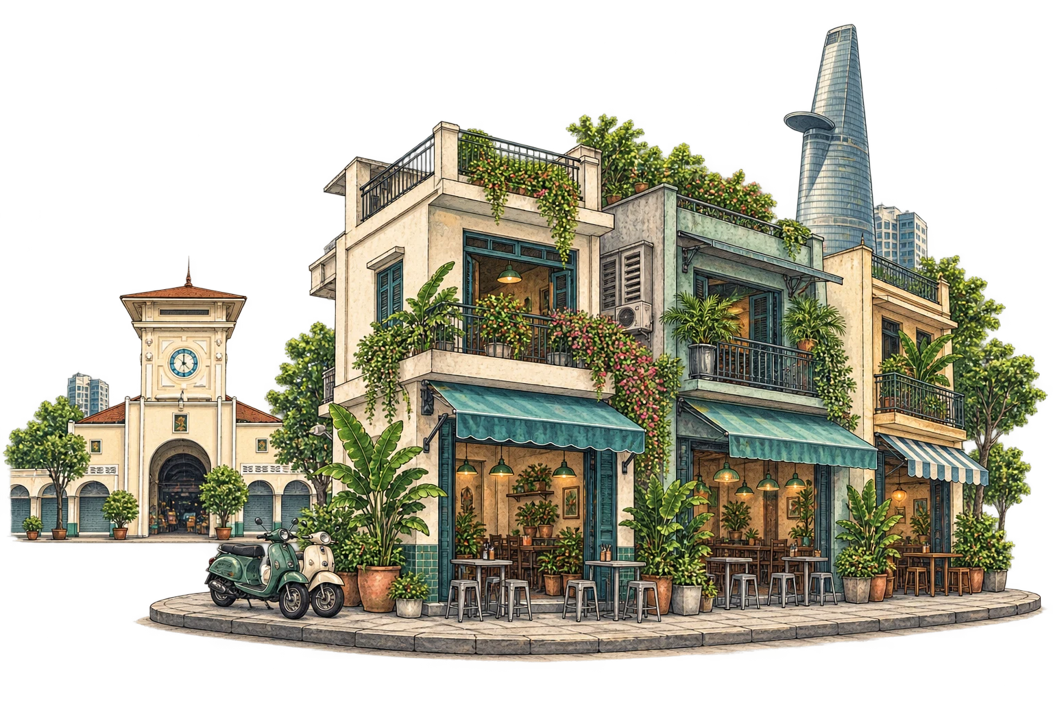 Illustrated shops and architecture in Ho Chi Minh City