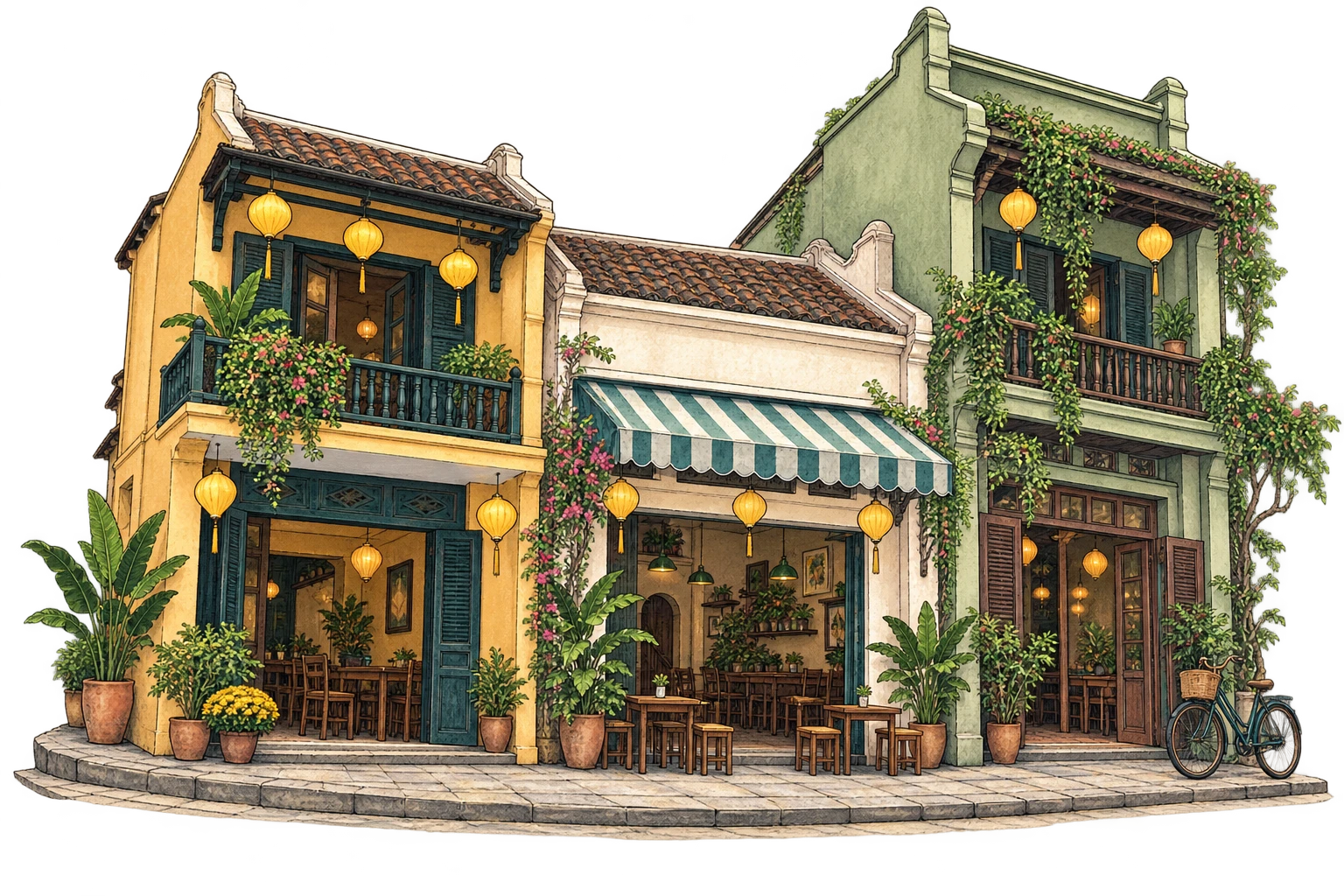 Gambaran berilustrasi kedai dan seni bina Vietnam