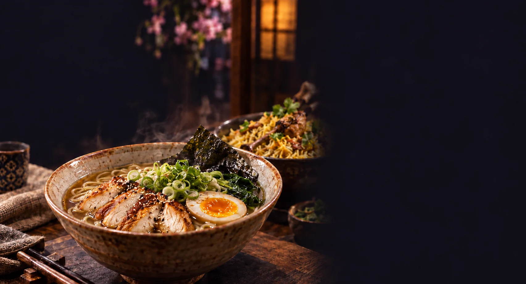 An illustrated scene of chicken ramen, egg and spring onion on a wooden table, with biryani behind.