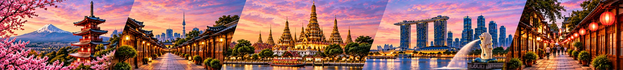 An illustrated scene of destination landmarks at dusk.