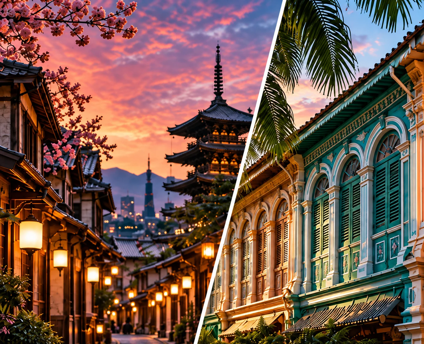 An illustrated travel scene of a lit street and shophouses.
