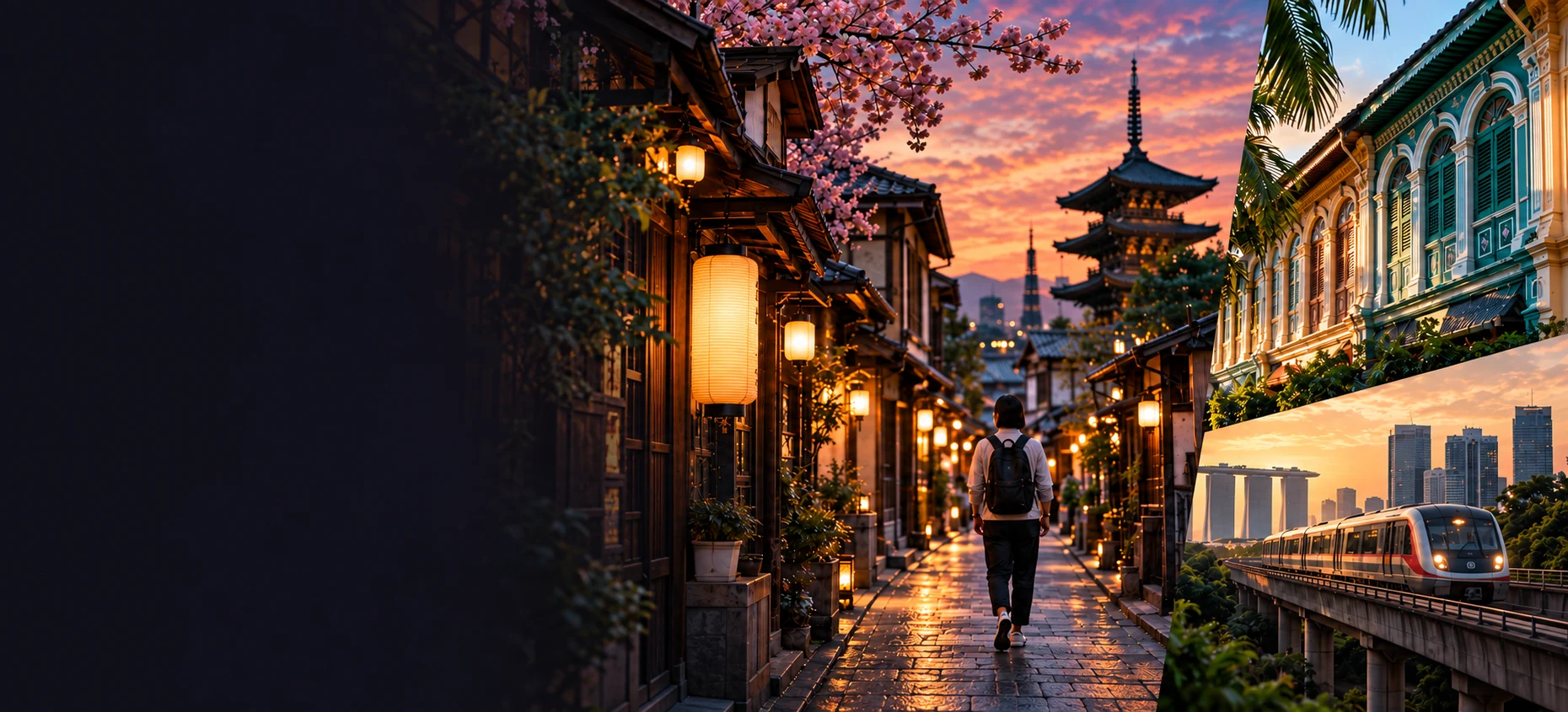 An illustrated scene of a lit street, travellers, shophouses and a train at dusk.